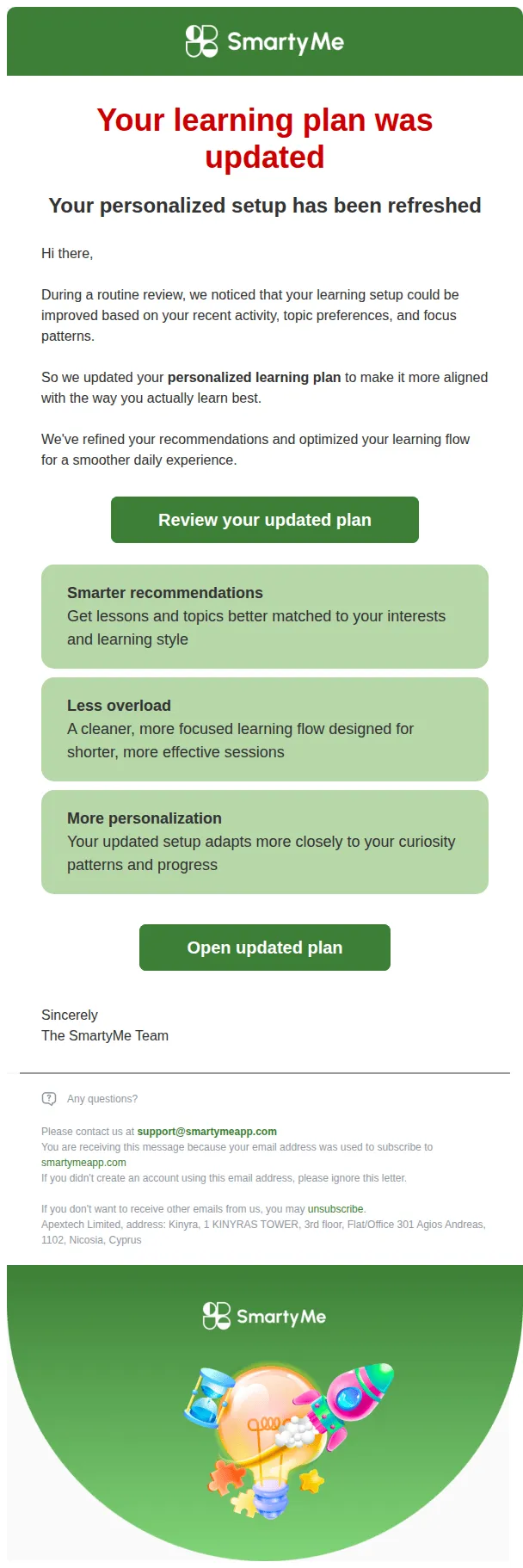 SmartyMe email: Your learning plan was updated