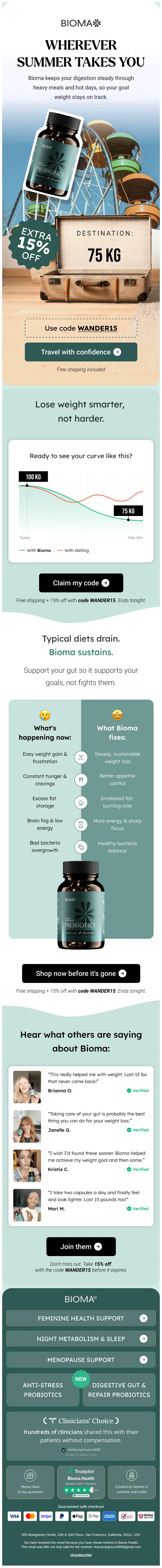 Bioma Health email: Reach 75 kg, wherever you go.