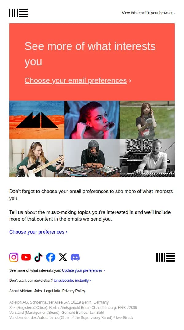 Ableton Newsletter email: Don’t forget to choose your email preferences