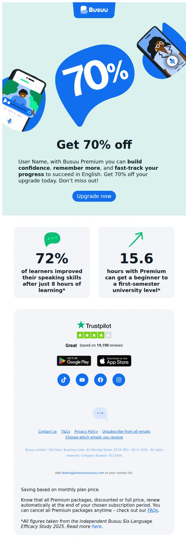 Busuu email: Upgrade now and save 70% 📈