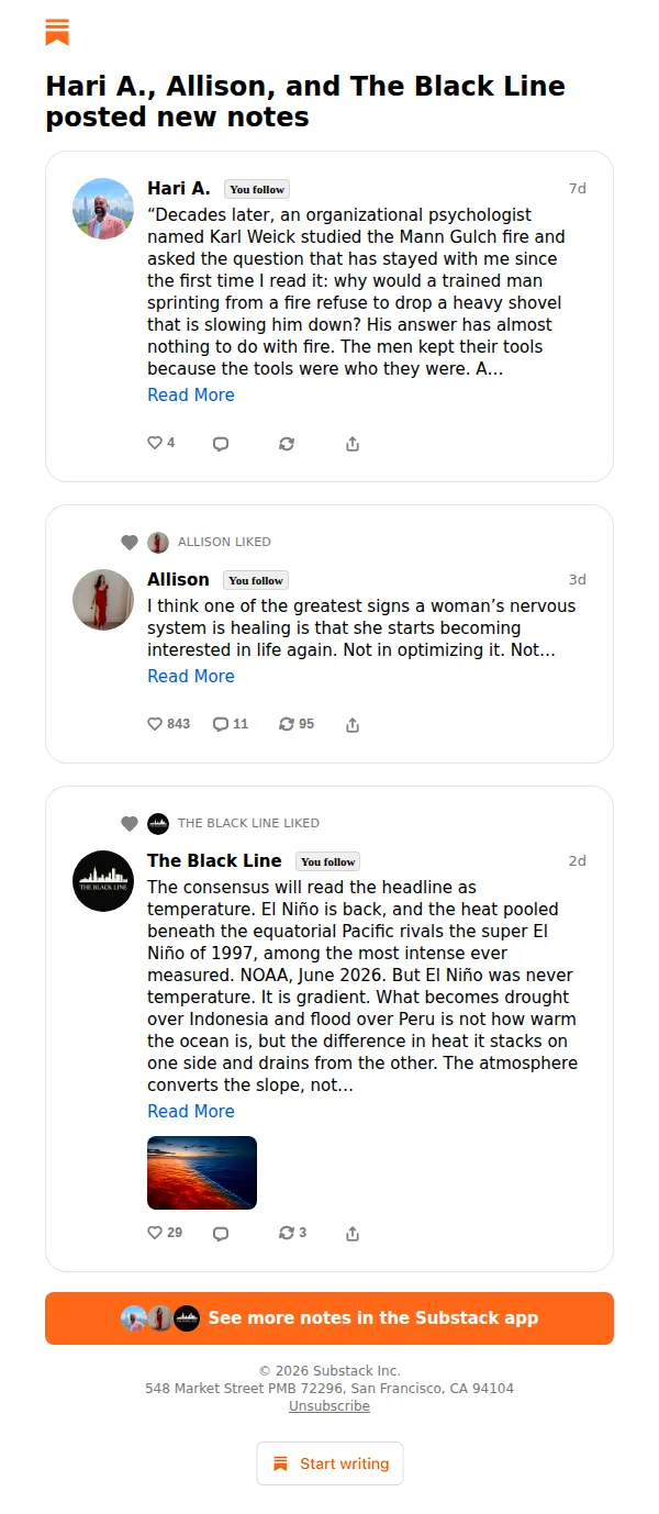 Substack email: Hari A., Allison, and The Black Line posted new notes