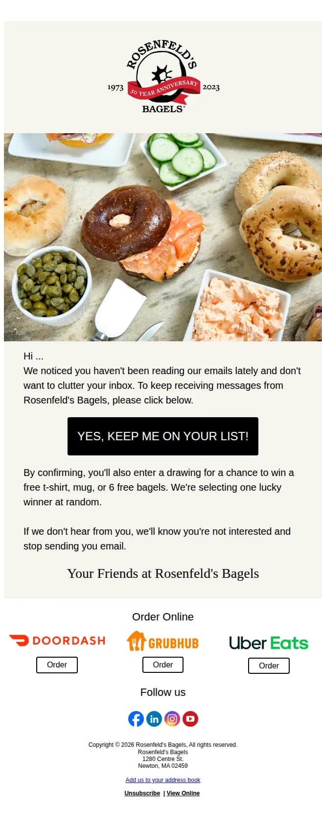 Rosenfeld's Bagels email: One click, —or you’ll miss all the fun!