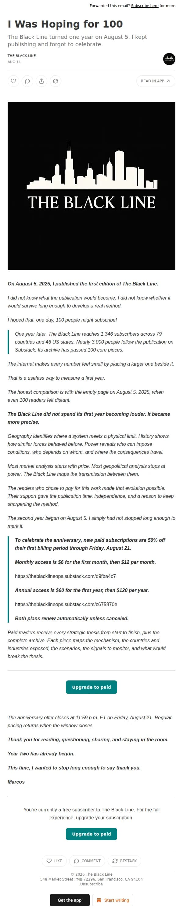 The Black Line email: I Was Hoping for 100