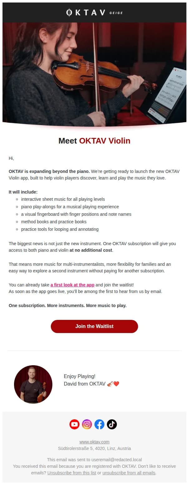 OKTAV email: A new instrument is joining OKTAV
