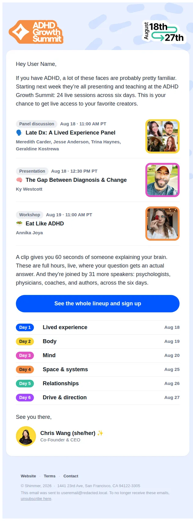Shimmer email: The people you follow are teaching live next week