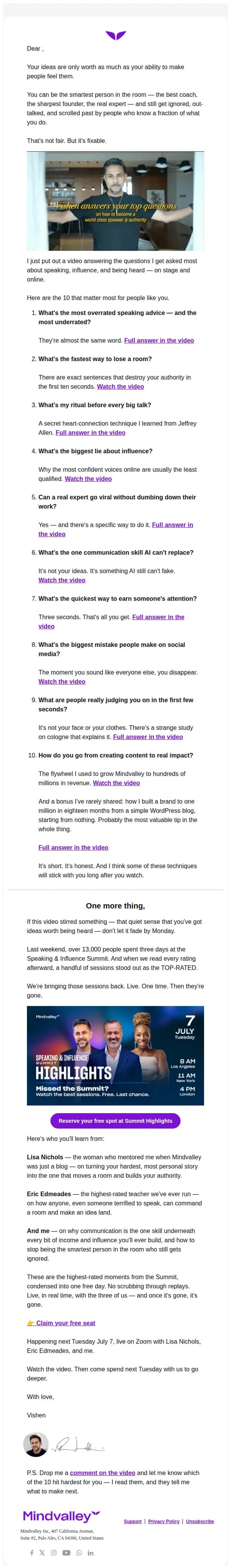 Mindvalley email: The 10 questions I get asked most about speaking