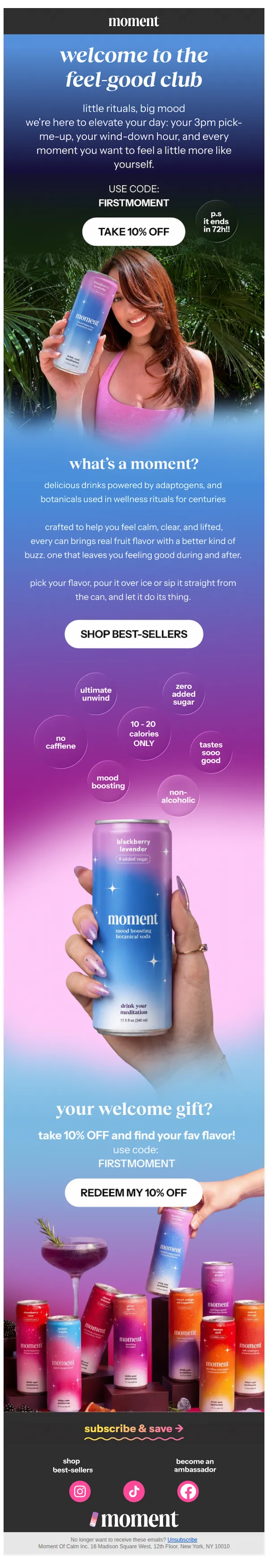 Aisha ๐ธ from Moment email: welcome to the feel-good club friend your 10% discount is waiting. โจ