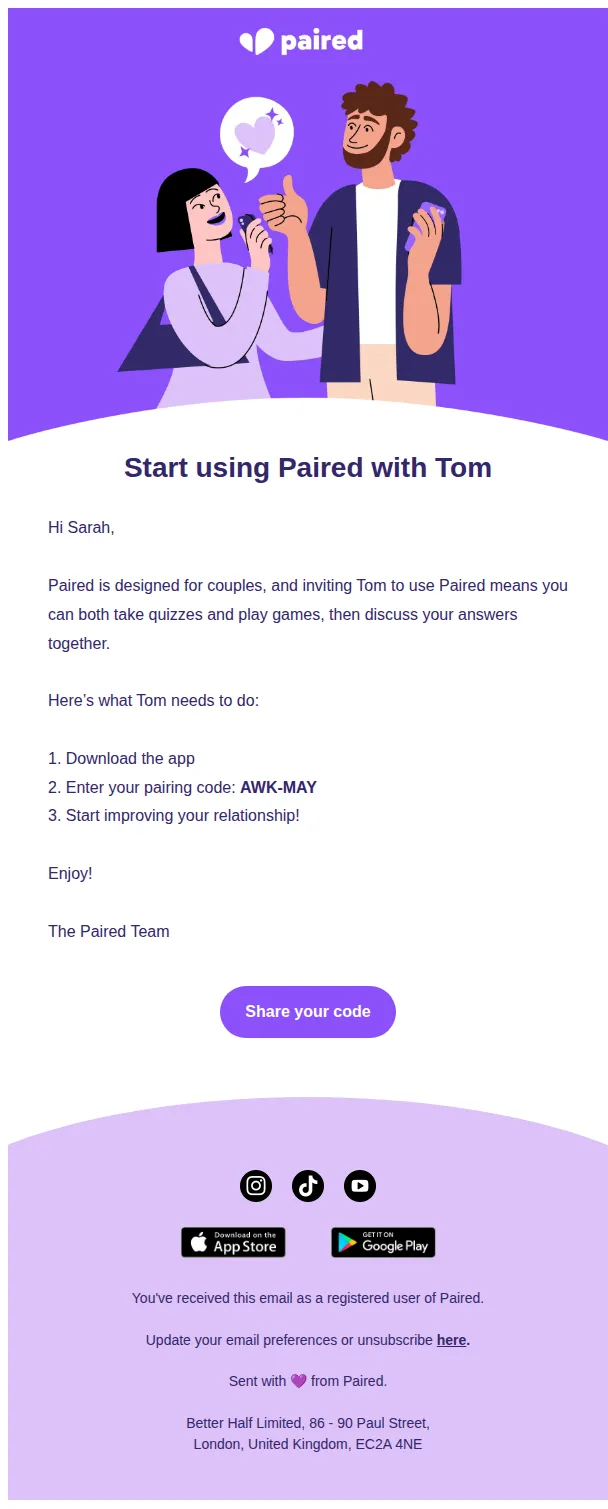 Paired email: Sarah, remember to pair! ❣️