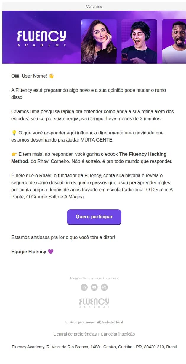 Fluency Academy email: 15 perguntas rápidas, 1 ebook de presente