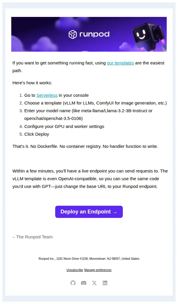 Runpod Team email: Create your first Serverless endpoint in 5 minutes
