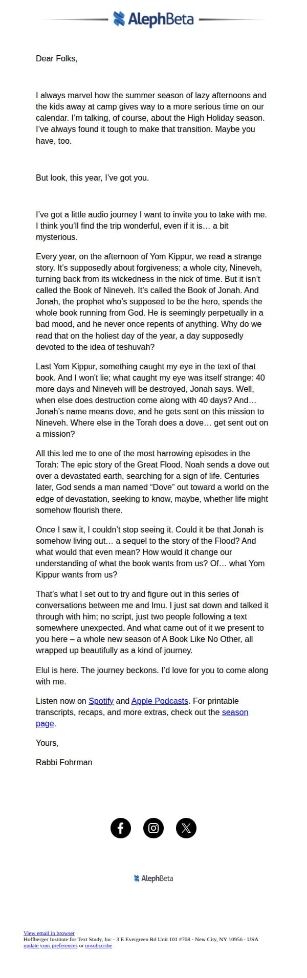 Aleph Beta email: Elul Has Begun. Come with Me on a Journey