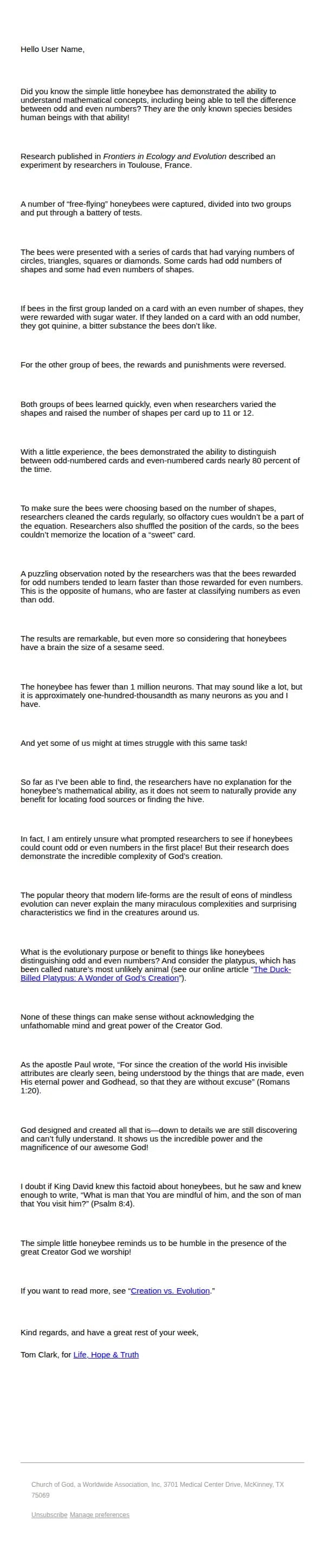 Life Hope & Truth email: Honeybees know odd and even numbers!