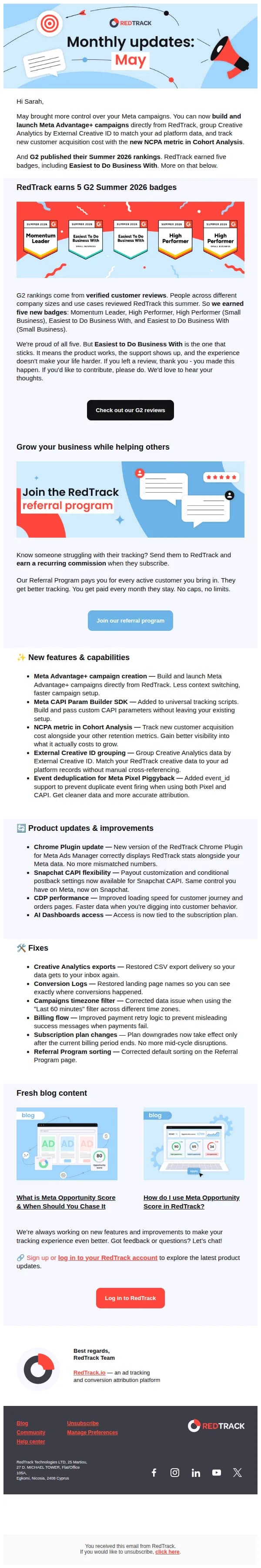 RedTrack.io email: New in May: Meta Advantage+ campaigns, NCPA in Cohort Analysis, and more.