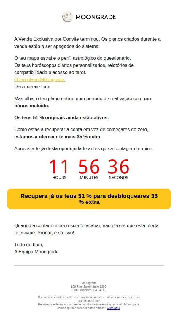 Moongrade email: O teu plano Moongrade vai ser eliminado esta noite