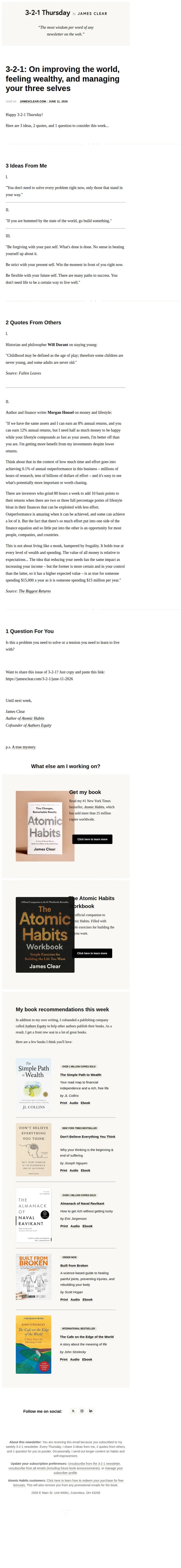 James Clear email: 3-2-1: On improving the world, feeling wealthy, and managing your three selves