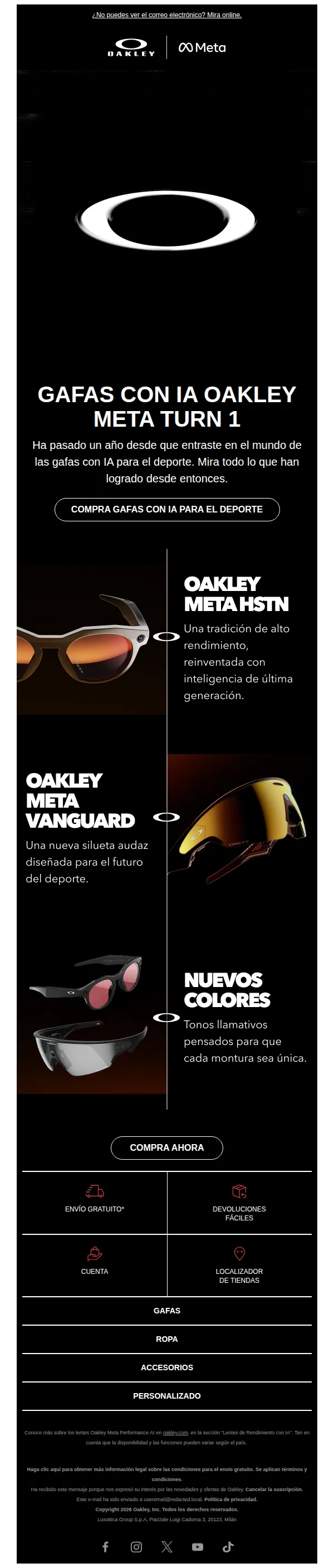 Oakley email: 1 año de gafas con IA Oakley Meta