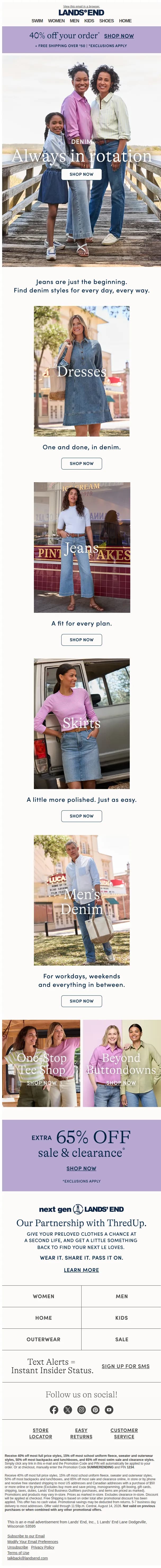 Lands' End email: 40% off + an extra 65% off clearance!