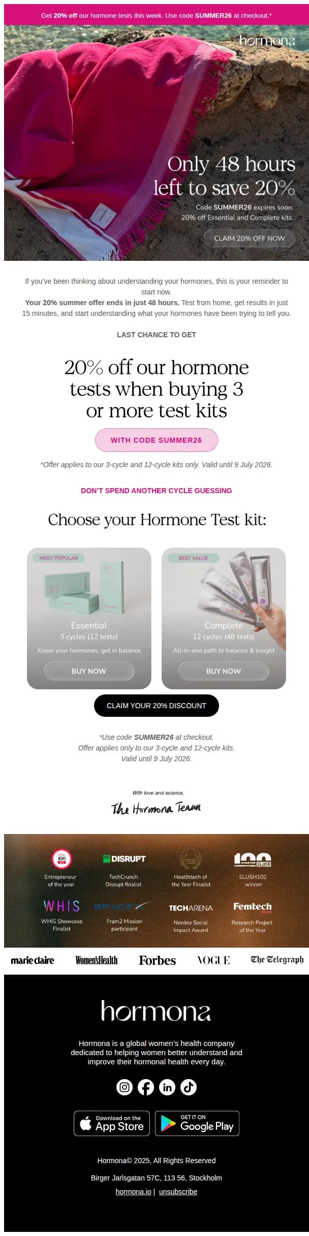 Hormona email: 48 hours left: 20% off our hormone tests