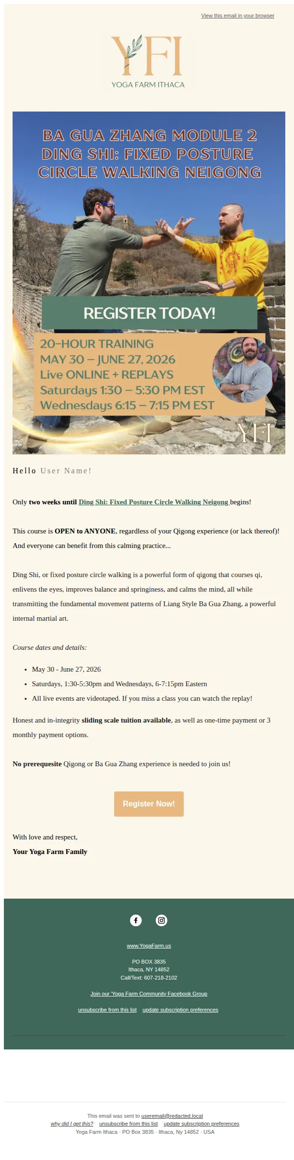 Yoga Farm email: Fixed Posture Circle Walking Starts Soon!