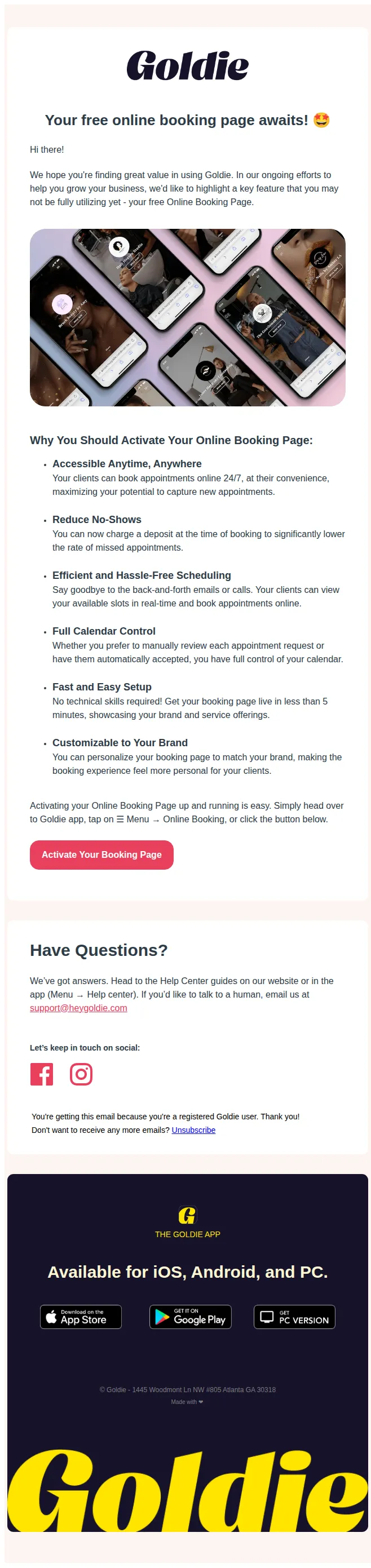 Goldie email: Activate your free online booking page! 🤩