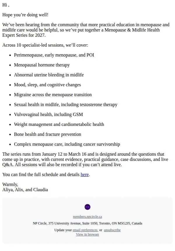 NP Circle email: Upcoming menopause & midlife health series