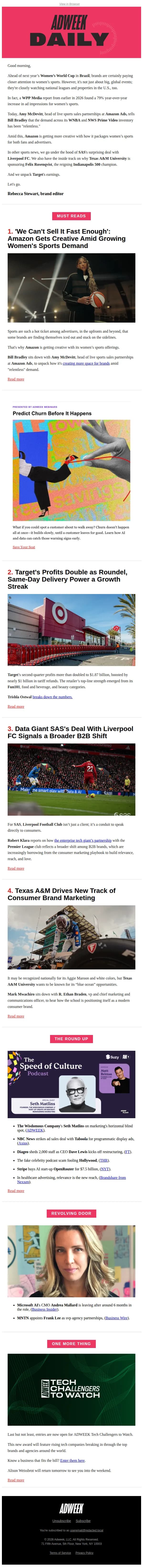ADWEEK Daily email: Amazon’s Play for Women’s Sports