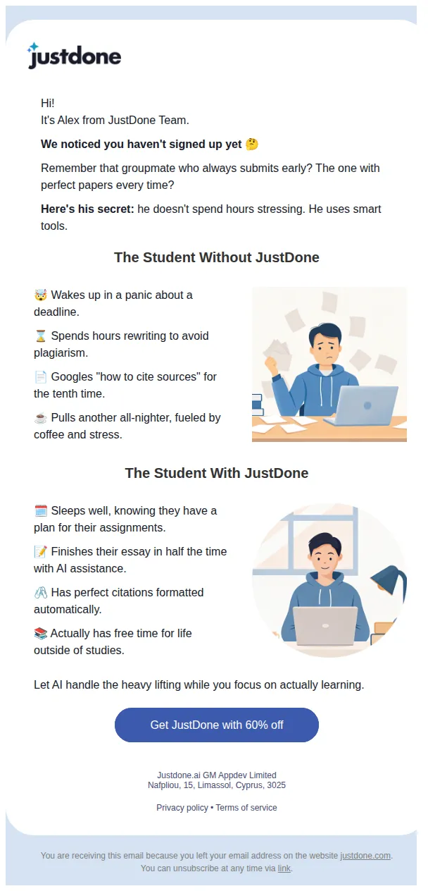 Alex from JustDone email: Your 60% discount expires