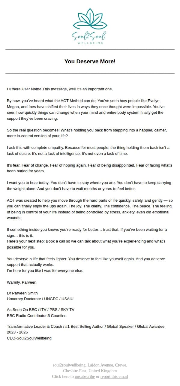 Parveen Smith email: What's Really Holding You Back From the Life You Deserve
