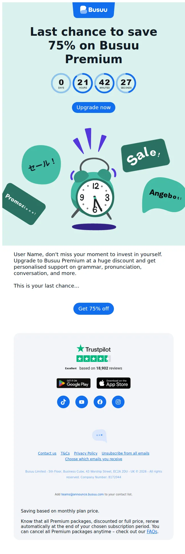 Busuu email: Last chance to get 75% off 🎉