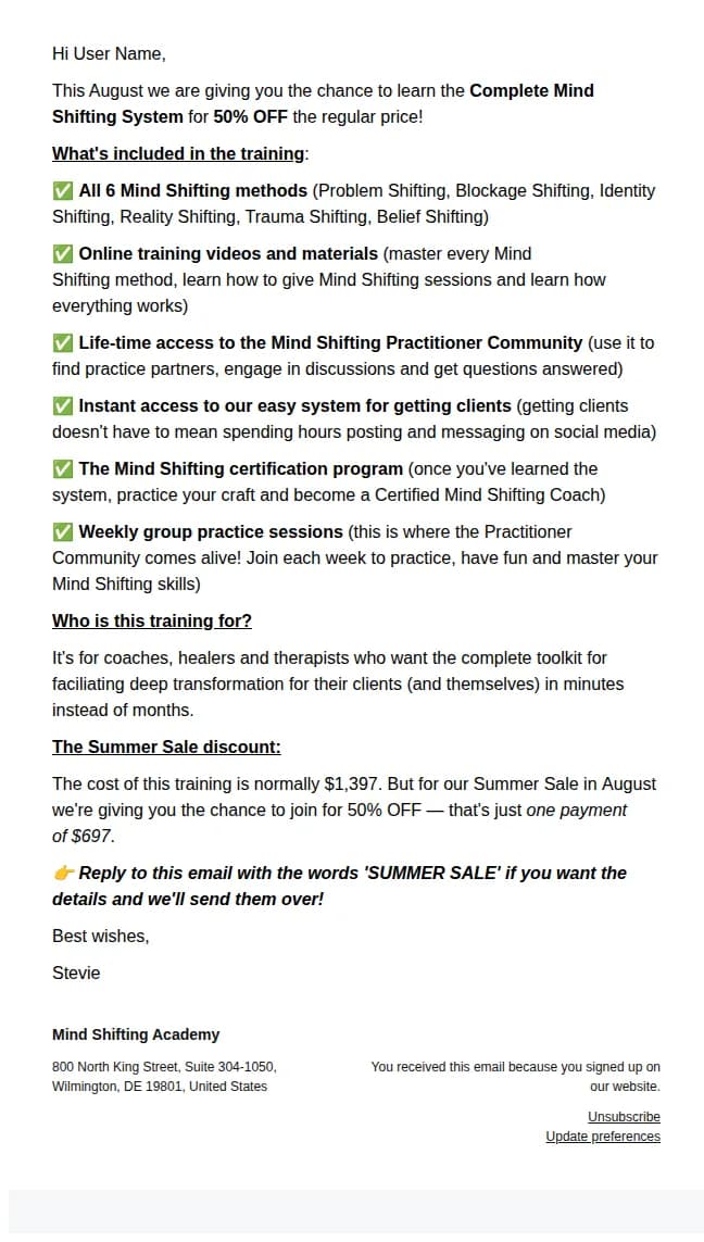 Mind Shifting email: SUMMER SALE - GET 50% OFF!