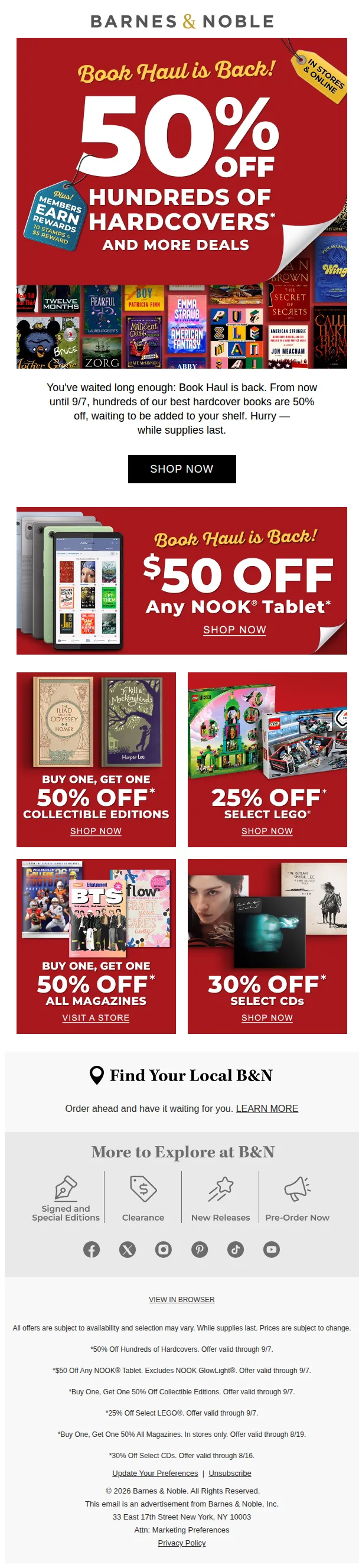 Barnes & Noble email: Book Haul is Back! 50% Off Hundreds of Hardcovers