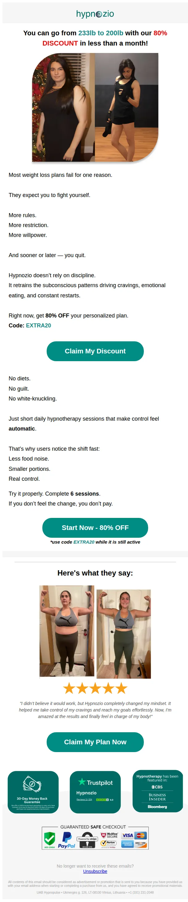 Hypnozio email: Get from 233lb to 200lb in less than a month! ⏰