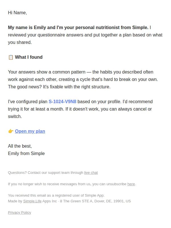 Simple email: Your personal plan S-1024-V9N8 — profile reviewed