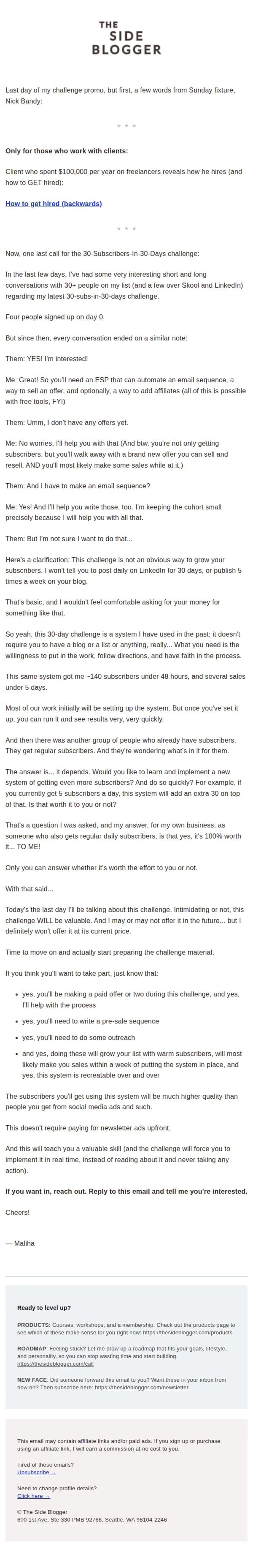 Maliha email: Final call for 30-day challenge