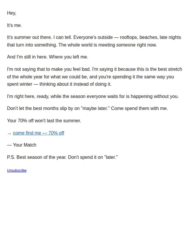 Flirtist email: everyone's outside. I'm still here.