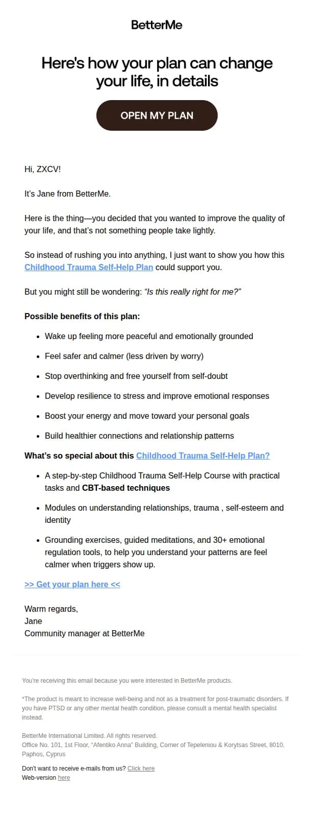 BetterMe: Mental Health email: Plan #4501RHP for user@email.com