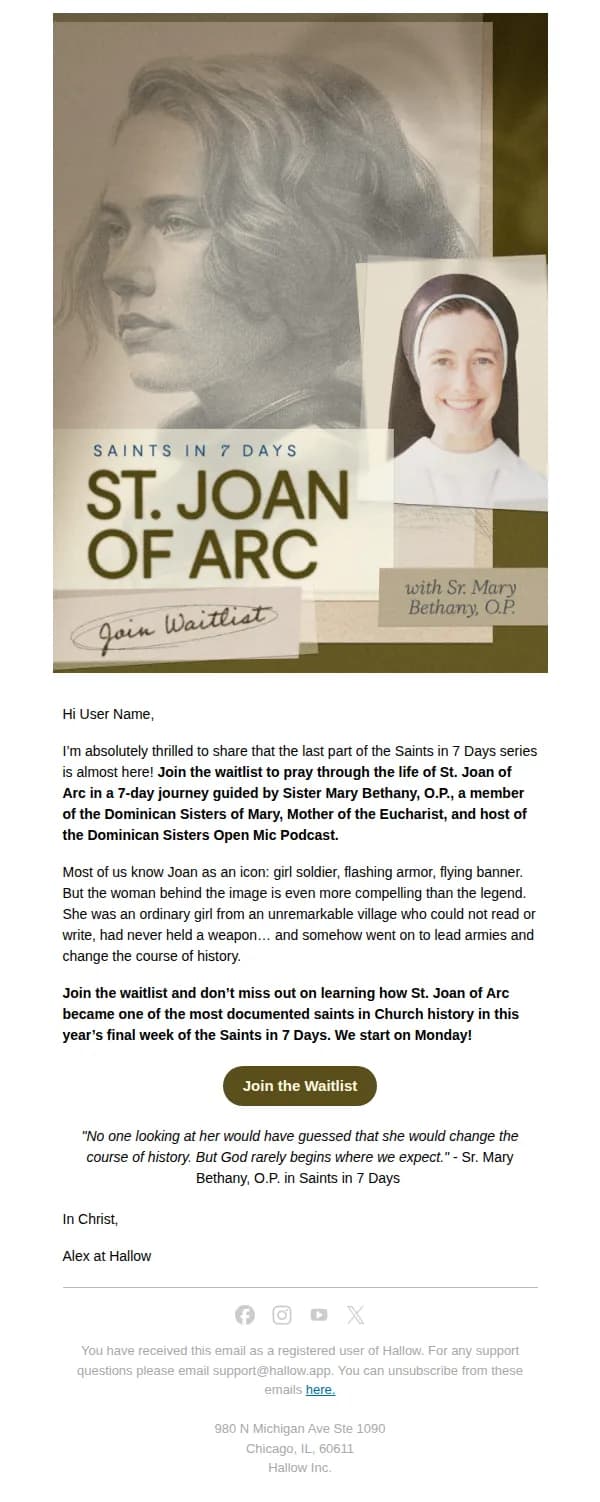 Alex at Hallow email: New Waitlist: Saint Joan of Arc with Sr. Mary Bethany, O.P.