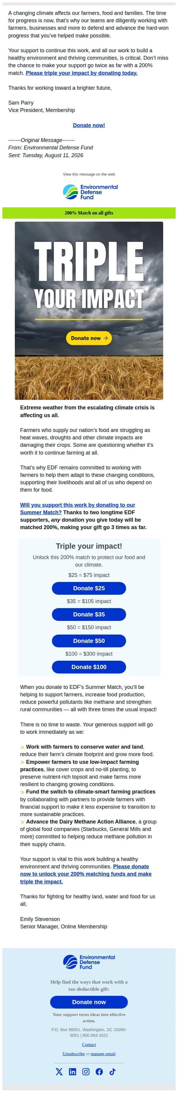 Environmental Defense Fund email: FWD: 200% match to support healthy lands and food