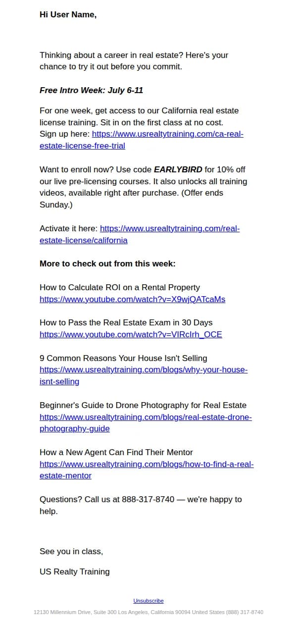 US Realty Training email: Intro Week + More