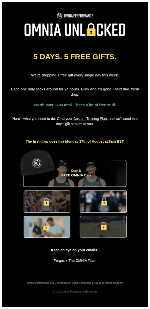 Omnia Performance email: ⚫ 5 Days. 5 Free Gifts.