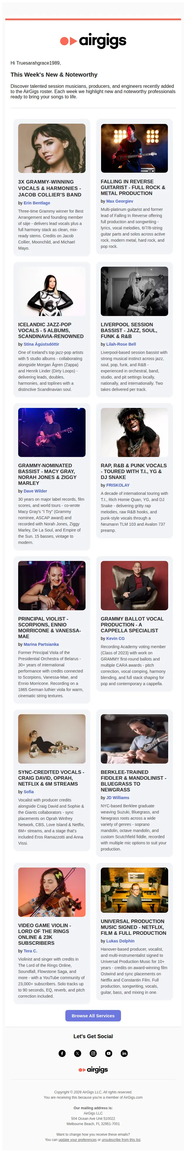AirGigs email: Discover New AG Talent: Mixing Engineers, Vocalists, Musicians & More