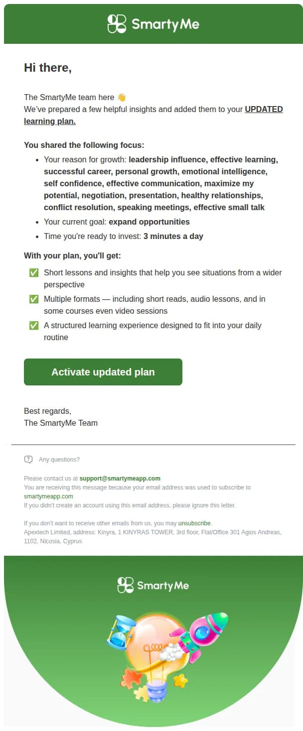 SmartyMe email: Your updated plan is ready