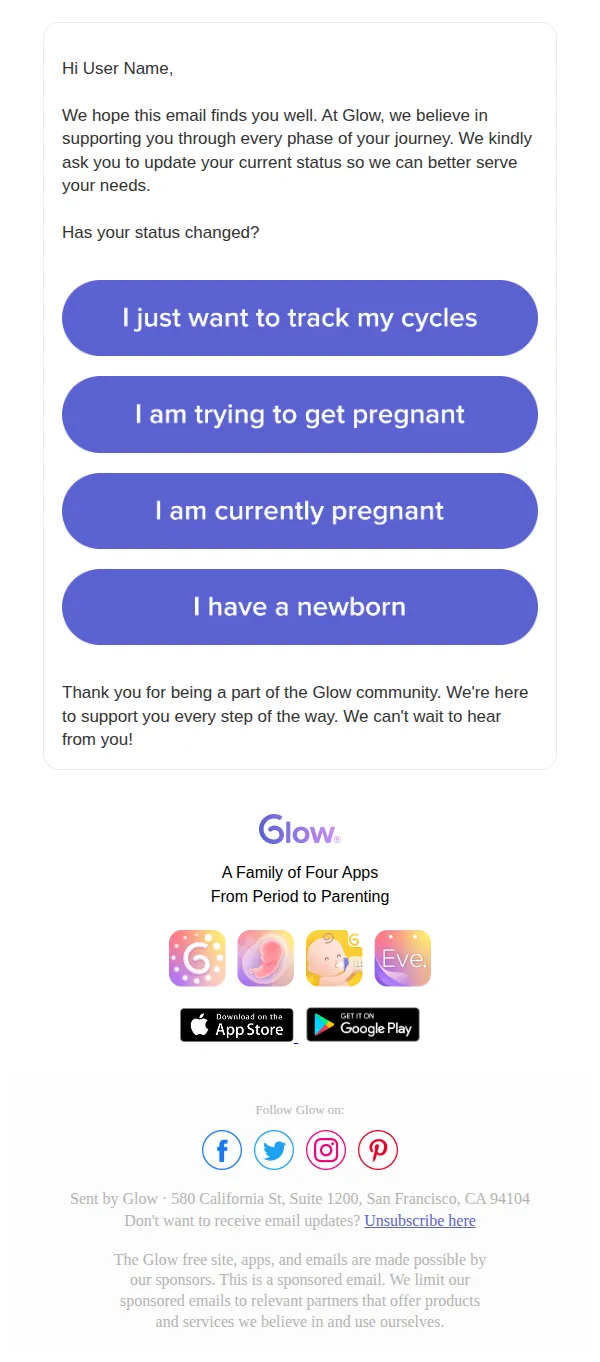 Glow Baby email: Hi User Name, please update your current status