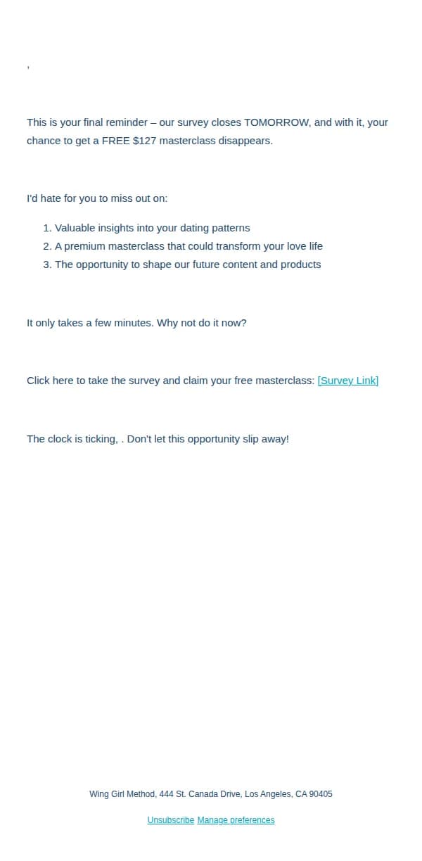 The Wing Girl Method email: Last Day for Your Free Masterclass