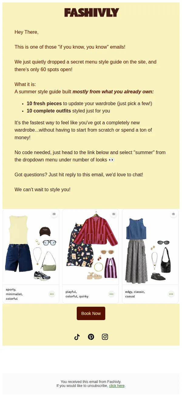 Fashivly email: secret menu drop: summer style guide for $59