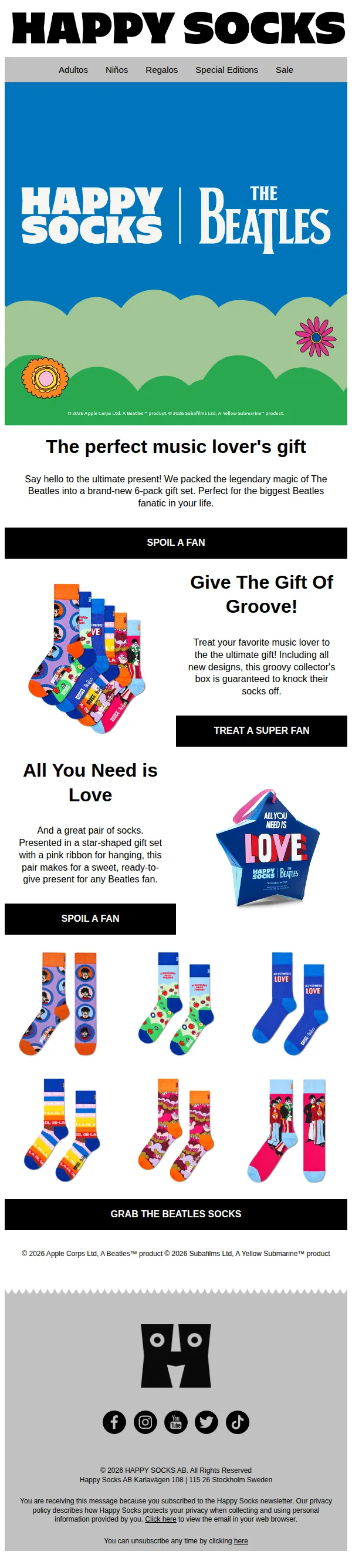 Happy Socks email: Ready to Wrap: The Beatles Gifts
