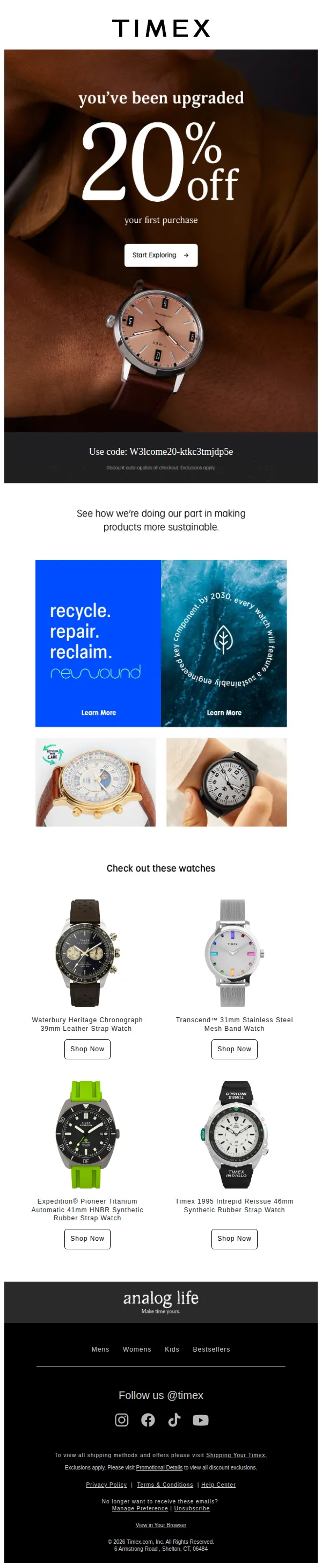 Timex email: You've been upgraded‼️ 20% OFF