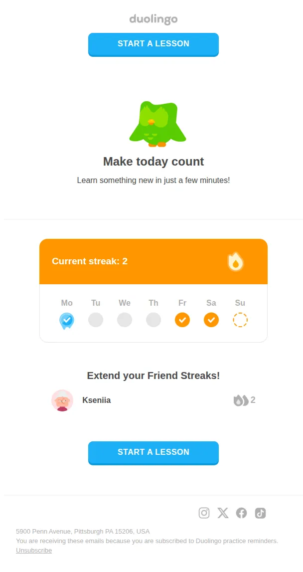 Duolingo email: 💥 Kseniia needs you! Protect your Friend Streak now.
