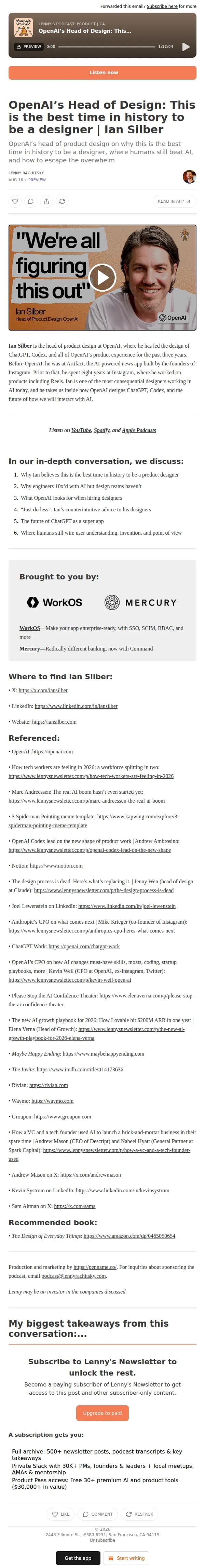 Lenny's Newsletter email: OpenAI’s Head of Design: This is the best time in history to be a designer | Ian Silber