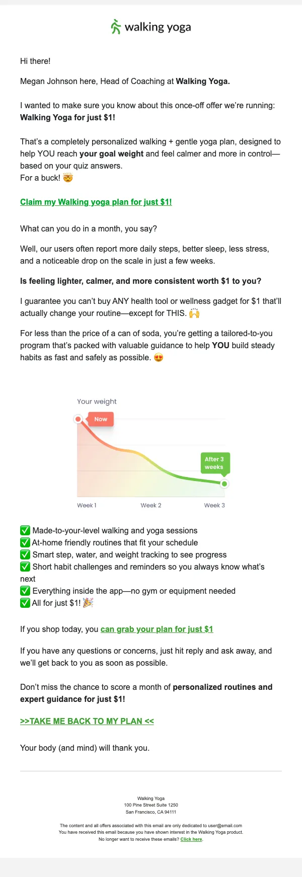 Walking Yoga email: One buck to get to your dream body